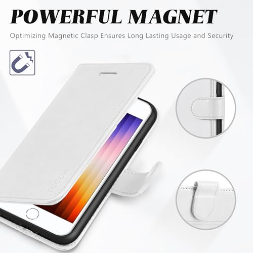 TUCCH Case Wallet for iPhone SE 2022/SE 2020/iPhone 8/7 (4.7"), White | 3 Card Holders, Kickstand, PU Leather, Shockproof TPU Shell, Magnetic Closure, Protective Folio Cover - color: White
