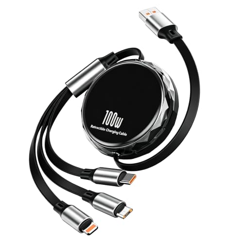 PLENTY MORE 100W 3-in-1 Retractable Charging Cable, Multi USB-C/Lightning/Micro Cord for Phones