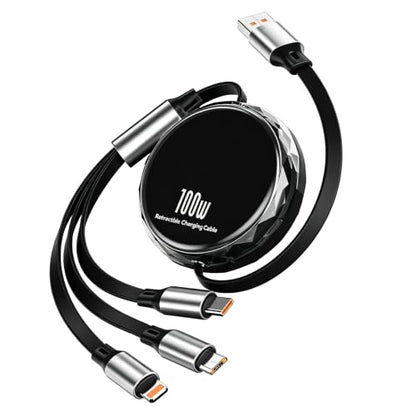 PLENTY MORE 100W 3-in-1 Retractable Charging Cable, Multi USB-C/Lightning/Micro Cord for Phones