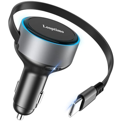 90W USB C Retractable Car Charger Built-in Type-C Cable for iPhone Android