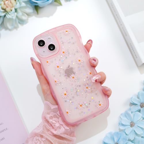 Glitter case for iPhone 13/14 Flowers Pink | Bling Sparkle Glitter，Flowers，Full Protection Soft TPU，Kawaii Cute Phone Case for Women Girls - color: Flowers Pink