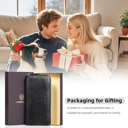 VISOUL Leather Long Zipper Pouch Wallet for Men and Women with RFID Blocking, Large Clutch Cash Long Wallet with Zipper (Black) - color: Black