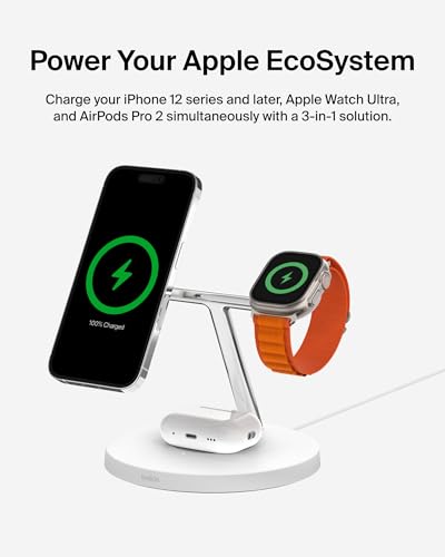 Belkin MagSafe 3 in 1 Wireless Charging Stand, 2nd Gen, 33% Faster - color: White, style: Chrome Finish