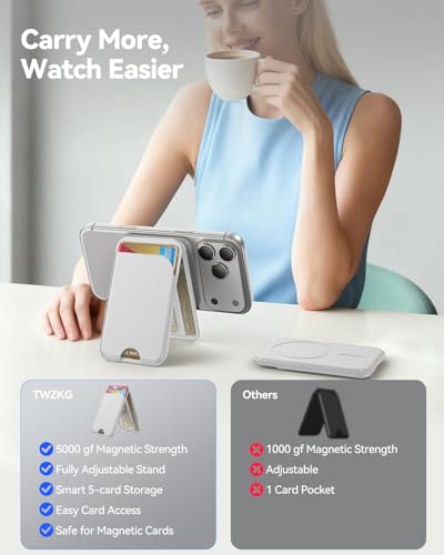 TWZKG for MagSafe Wallet, 5 Cards Holder with Stand, Magnetic Phone Wallet Stand for iPhone 17/16/15/14/13/12 Pro Max Air Plus Series, RFID Blocking Vegan Leather,White - color: White