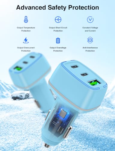 75W USB C Car Charger, 3-Port Super Fast Charging Cigarette Lighte - color: Blue