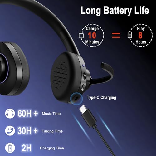 Wireless Bluetooth Headset with CVC8.0 Noise-Cancelling Mic for Work