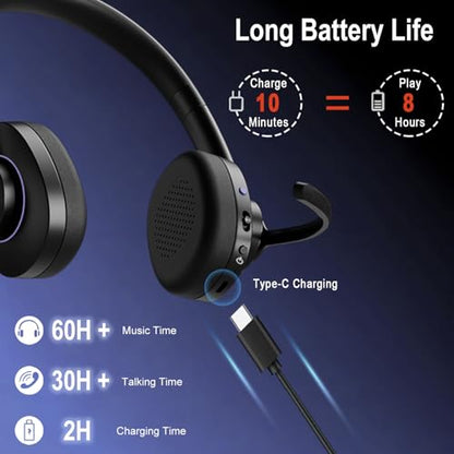 Wireless Bluetooth Headset with CVC8.0 Noise-Cancelling Mic for Work