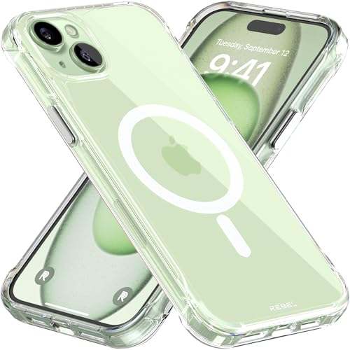 REBEL Clear Case for iPhone 15 Plus [Crystal Series Gen-4] Strong MagSafe Compatible, Anti-Scratch, Non-Yellowing, Protective Shockproof Bumpers, Metal Buttons, 6.7 Inch Phone 2023 (Crystal Clear) - color: Crystal Clear, size: iPhone 15 Plus