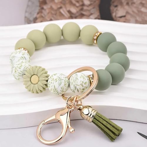 Silicone Beaded Phone Wrist Strap, Phone Wristlet Strap with Tether Tab, Elastic Hands-Free Daisy Wristlet Bracelet(Green) - color: Daisy Green