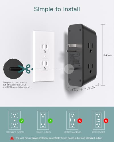 Addtam 5-Outlet Extender Surge Protector, Multi Plug Wall Outlet with 4 USB Wall Charger(PD 20W), Plug Extension Outlet 1800J, Outlet Splitter Power Strip for Home Office Dorm Room Essentials, Black - style: 2C2A PD 20W