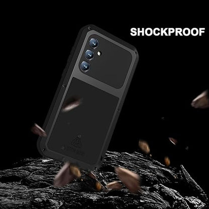 LOVE MEI Military Rugged Case for Samsung Galaxy S23 Fe, with Tempered Glass Screen Protector, Shockproof Dustproof Scratch Proof Hybrid Metal and Silicone Gel Heavy Duty Full Body Cover Black - color: Black