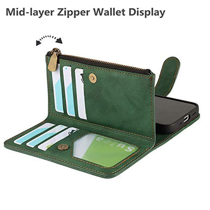 iCoverCase for iPhone 12 Mini Wallet Case with Card Holder and Wrist Strap, PU Leather Kickstand Card Slots Zipper Pocket Magnetic [Detachable] Flip Cover Case 5.4 Inch (Green) - color: Green