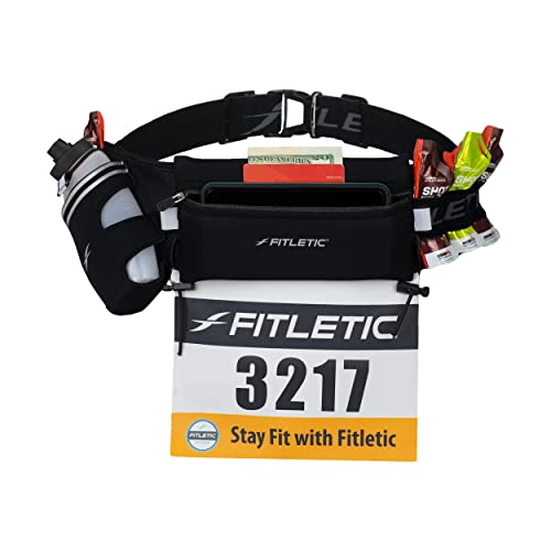 Fitletic Hydration Running Belt With 12oz Quick Flow Water Bottle For Men & Women –Race Belt, Gel Holder & Bib Toggles Patented Bounce Free Design, Water Resistant Fits All Phones –Fully Loaded - size: S/M (24"-34")
