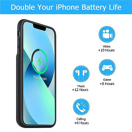 Battery Case for iPhone 13, [10000mAh] Enhanced Rechargeable Portable Protective Qi Wireless Charger Case Battery Pack Support CarPlay Wireless Charging Cover Compatible with iPhone 13(6.1 inch)-Black - size: iPhone 13