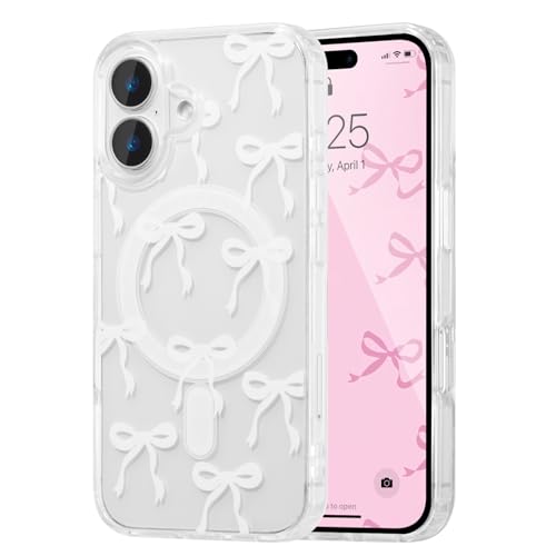 UEEBAI Magnetic for iPhone 17 Case, Bow Case Compatible with MagSafe, Wireless Slim Clear Ribbon Aesthetic Phone Cover Anti-Yellowing Shockproof Protective Cover for Women Girl - White - color: White, size: iPhone 17