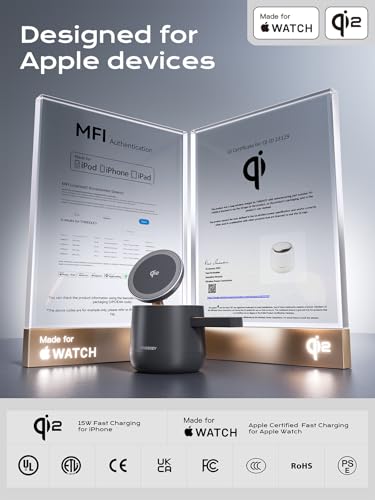 THREEKEY 4 in 1 Qi2 Magnetic Wireless Charging Station, 15W Fast Charger with Made for Apple Watch Charging Module, for iPhone 18–12 Series & AirPods, 65W Adapter Included - color: Black