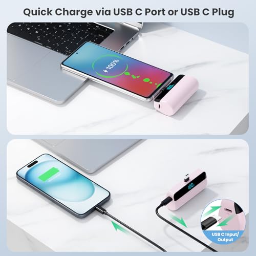 [2-Pack]Mini Portable Charger for iPhone 17/16/15,Upgraded 5500mAh PD Fast Charging USB C Power Bank,Travel Essentials Battery Pack for iPhone 17/17 Pro Max/Air/16/15 Series Galaxy Android-Pink+White - color: Pink+White