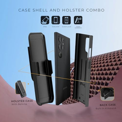 MOTIVE for Samsung Galaxy s24 Ultra Case with Belt Clip, Kickstand | 6.8" | Ranger v1 Series, Black, 360° holster, open-top/bottom port access, grip, slim - size: S24 Ultra