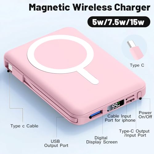 Azmuth for MagSafe Portable Charger, 10000mAh Magnetic Power Bank | 20W PD Fast Charging Magnetic Travel Charger with Dual USB-C LED Display for iPhone 17/16/15/14/13/12 Series - color: Pink