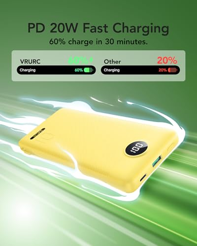 VRURC 10000mAh Power Bank, 22.5W USB C Portable Charger, Yellow - color: Yellow