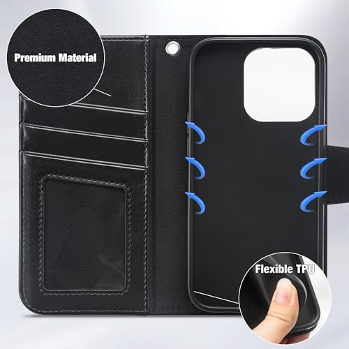 Arae Compatible with iPhone 15 Pro Case with Card Holder and Wrist Strap Wallet Flip Cover for iPhone 15 Pro 6.1 inch,Black - color: Black, size: iPhone 15 Pro 6.1 inch