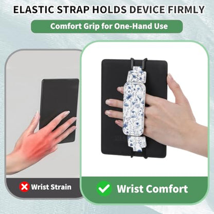 Secure Hand Strap for 6-7.5" Kindle and Tablets, Versatile Lightweight Faux Leather E-Book Grip Holder, Heavy-Duty E-Book Accessories for Reading Lover Gift (Blue Flowers) - color: Blue Flowers