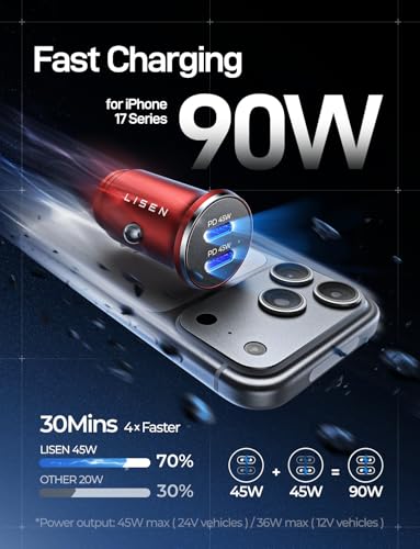 LISEN 90W USB C Car Charger USB C Fast Charge, PD3.0 Fast Car Charger, Red - color: Red, size: 1 Pack