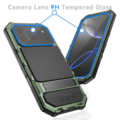 Simicoo Military Metal Heavy Duty Case Compatible with iPhone 17 Pro, Drop Protection Rugged Defender Metal Bumper Screws Phone Cover with Stand Gorilla Glass Camera Cover Full Body Dustproof Green - color: Green, size: iPhone 17 Pro