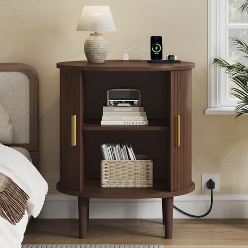 DHH Mid Century Modern Nightstand with Charging Station, Fluted Accent Side Table with Sliding Door & Adjustable Shelf, End Table for Small Space, Living Room, Bedroom,Sofa Couch (1, Walnut) - color: Walnut