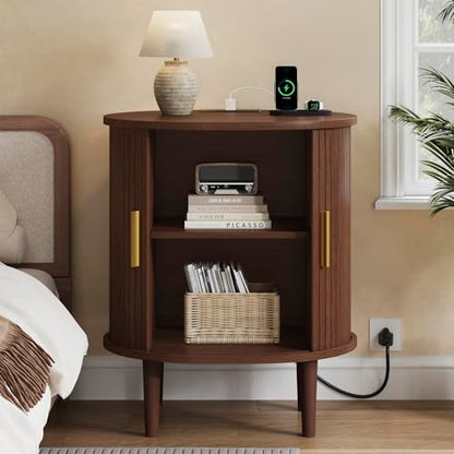 DHH Mid Century Modern Nightstand with Charging Station, Fluted Accent Side Table with Sliding Door & Adjustable Shelf, End Table for Small Space, Living Room, Bedroom,Sofa Couch (1, Walnut) - color: Walnut