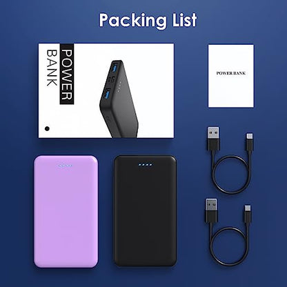 [2 Pack] Portable Charger Power Bank 10000mAh,Ultra Slim Compact External Battery Pack with USB C Input & Dual USB Outputs Backup Charger Compatible with iPhone 14,13, Samsung S20,Tablet-Black+Purple - color: Black+Purple
