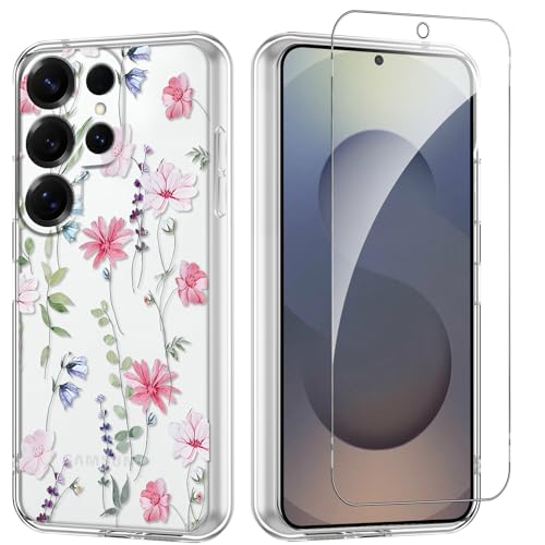 Flower Phone Case Floral for Samsung Galaxy S25 Ultra 5G 6,9'' with Screen Protector, Clear Transparent Phone Cover Slim Soft Shockproof Anti-Scratch Protection Funda for Girls Women, 02 - color: Flower 02, size: Samsung Galaxy S25 Ultra 5G