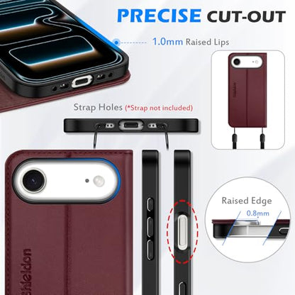 SHIELDON Genuine Leather Wallet Case for iPhone Air 6.5" 2025, Wine Red | Magnetic Closure, RFID Blocking, Credit Card Slot, Kickstand, Flip Book Design, Shockproof Phone Cover - color: Wine Red