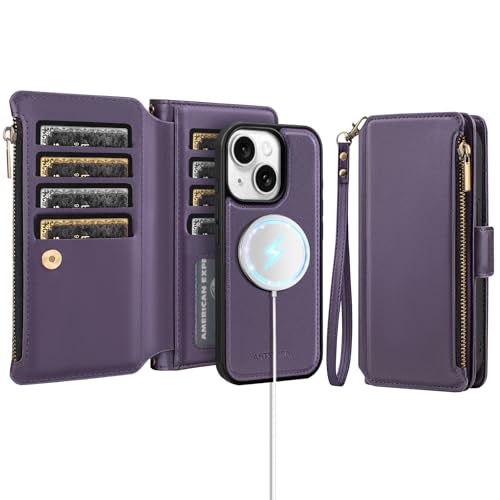 Antsturdy Compatible with MagSafe iPhone 14 Wallet Case,Purple | Detachable Magnetic Credit Card Holder,RFID Blocking,PU Leather Zipper Purse,Wrist Strap Kickstand,Flip Phone Cover for Women - color: (Detachable with Magsafe)-Purple