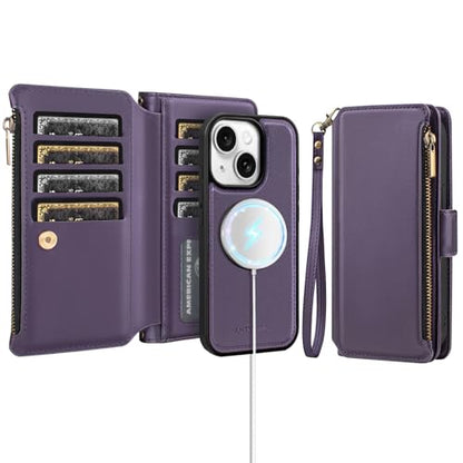 Antsturdy Compatible with MagSafe iPhone 14 Wallet Case,Purple | Detachable Magnetic Credit Card Holder,RFID Blocking,PU Leather Zipper Purse,Wrist Strap Kickstand,Flip Phone Cover for Women - color: (Detachable with Magsafe)-Purple