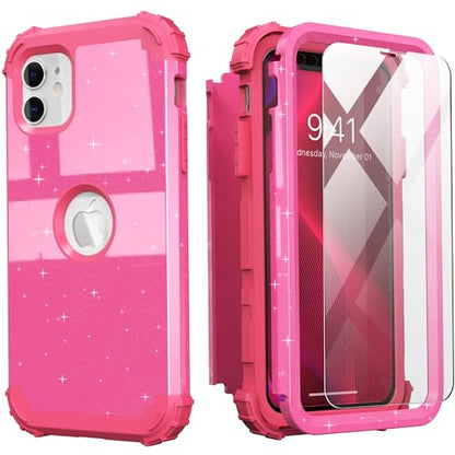 IDweel for iPhone 11 Case with Screen Protector(Tempered Glass), Hybrid 3 in 1 Shockproof Slim Fit Heavy Duty Protection Hard PC Cover Soft Silicone Bumper Full Body Case,Glitter Rose Red - color: Glitter Rose Red
