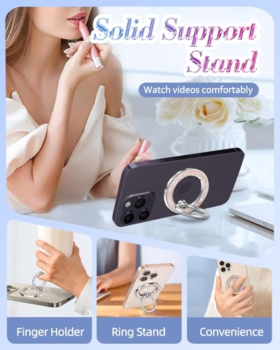 Phone Ring Holder Compatible with MagSafe - Magnetic Cell Phone Grip for Women Cute Magnet Removable Finger Ring Grip Stand Glitter Shine for iPhone 17 16 15 14 13 Pro Max Plus, Golden Rose - color: Gold