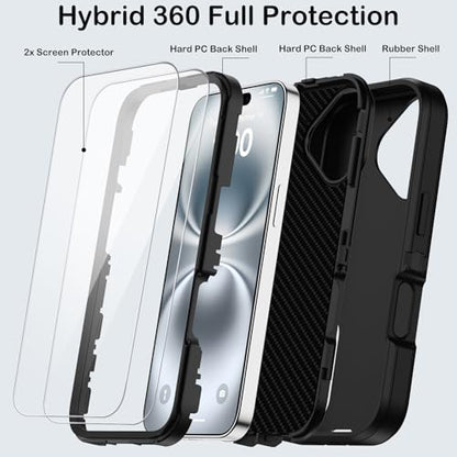 for iPhone 16 Case with Screen Protector, Heavy Duty Shockproof Drop Protection Military Grade Tri-Layer Full Covered Rugged Durable Cell Phone Cover with Built-in Invisible Kickstand 6.1" (Black) - color: Black