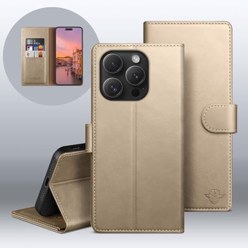 Wallet Case for iPhone 15 Pro Max 6.7", Golden | RFID-Blocking Card Holder, Kickstand, Magnetic Closure, PU Leather Folio Flip Cover, Protective Women Men Cases - color: Golden, size: iPhone 15 Pro Max