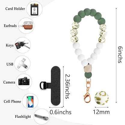 Silicone Beaded Phone Wrist Strap for Women, Elastic Wristlet - color: Green Leopard