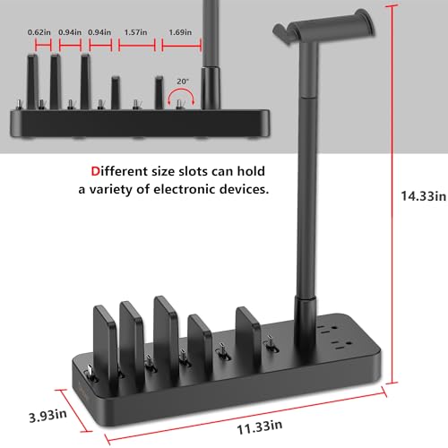 Drevet Charging Station for Multiple Devices, 6 Port USB C Fast Charger Station with 2 AC Outlets and Headset Stand, USB Charging Dock Compatible with Cellphone, Tablet, Kindle, iPhone, iPad and More