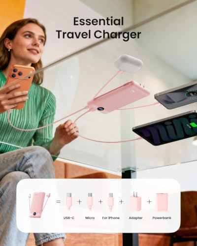 Portable Charger Built-in Cables and Wall Plug, 10000mAh Slim USB C Power Bank, LED Display External Battery Pack Compatible with iPhone/Android & More (Pink) - color: Pink
