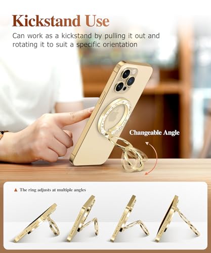 GVIEWIN Magnetic Phone Ring Holder, Compatible with MagSafe Phone Grip | Adjustable Stand, Magnet Phone Ring Kickstand, for iPhone 17/16/15/14/13/12 Pro Max Plus Air/Other Phones (Glitter/Gold) - color: Glitter/Gold