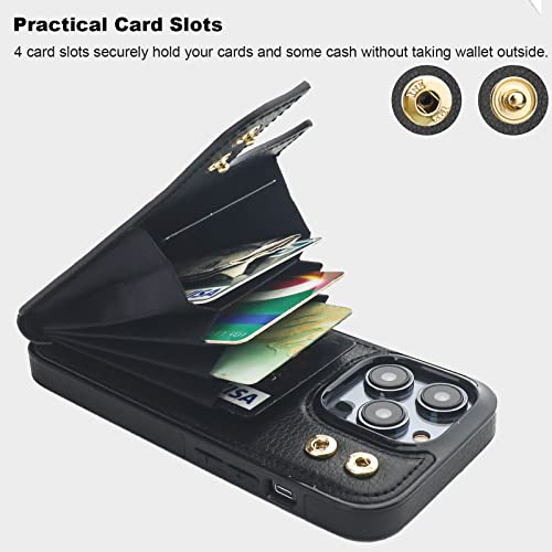 Folosu Compatible with iPhone 14 Pro Case Wallet with Card Holder, 360°Rotation Finger Ring Holder Kickstand, RFID Blocking Leather Protective Double Buttons Shockproof Cover 6.1 Inch Black - color: Black, size: iPhone 14 Pro