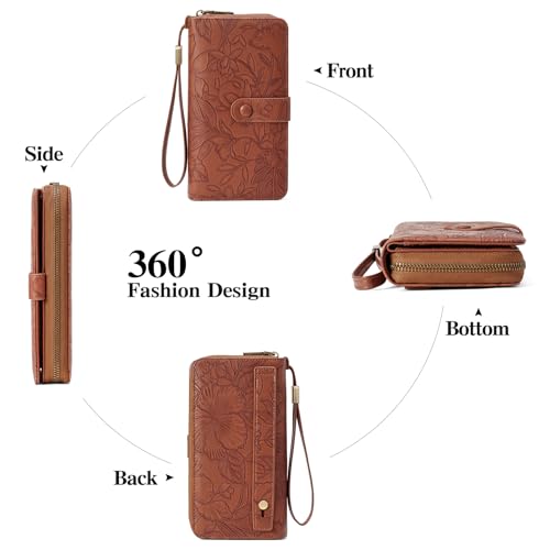 SENDEFN Women's Credit Card Holder RFID Blocking Zip Around Leather Wallet Large Capacity Long Purse with Wristlet - color: Brown