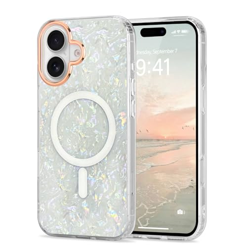 for iPhone 16 Cute Girly Women Case Sparkle Seashell,White | Compatible with Magsafe Slim Colorful Sparkle Seashell Pattern Translucent Cover Soft TPU Protective Magnetic Bumper Case - color: White, size: iPhone 16