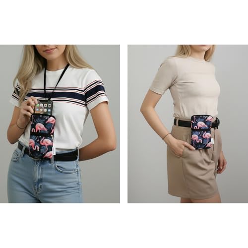 Tainada 2-Zip Neck Phone Pocket Bag w/Belt Loop (Flamingo Pattern Gray) | For Men/Women; Water-resistant neoprene pouch, shockproof, lightweight, w/carabiner; Compatible with most of smartphones - color: Flamingo Pattern Gray