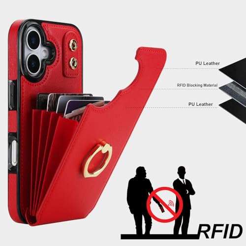 Folosu for iPhone 17 Case Wallet with Card Holder, Finger Ring Cover Red - color: Red