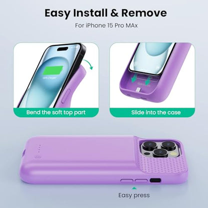 Battery Case for iPhone 15 Pro Max,Powerful 8600mah Ultra-Slim Protective Charging Case,15W Fast Charging Portable Rechargeable Expandable Battery Charger Cover for iPhone 15 Pro Max(6.7inch)-Purple - color: Purple
