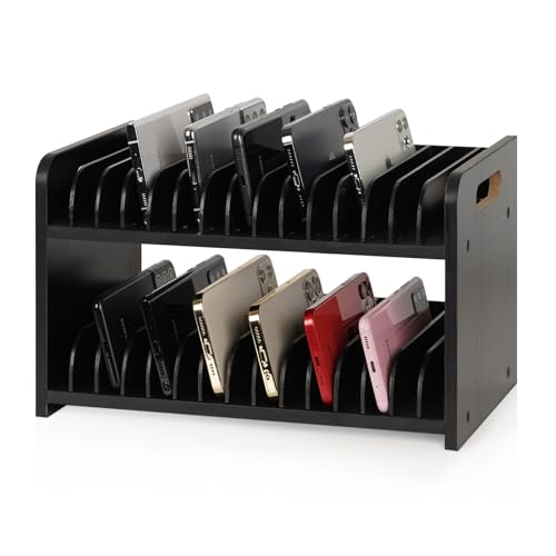 30-Grid Wooden Cell Phone Holder stand with 1-30 Number Stickers, Black - color: Black